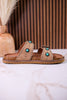 "Connie" Taupe Sandals With Studs & Turquoise Flower Accents - Whiskey Skies - VERY G