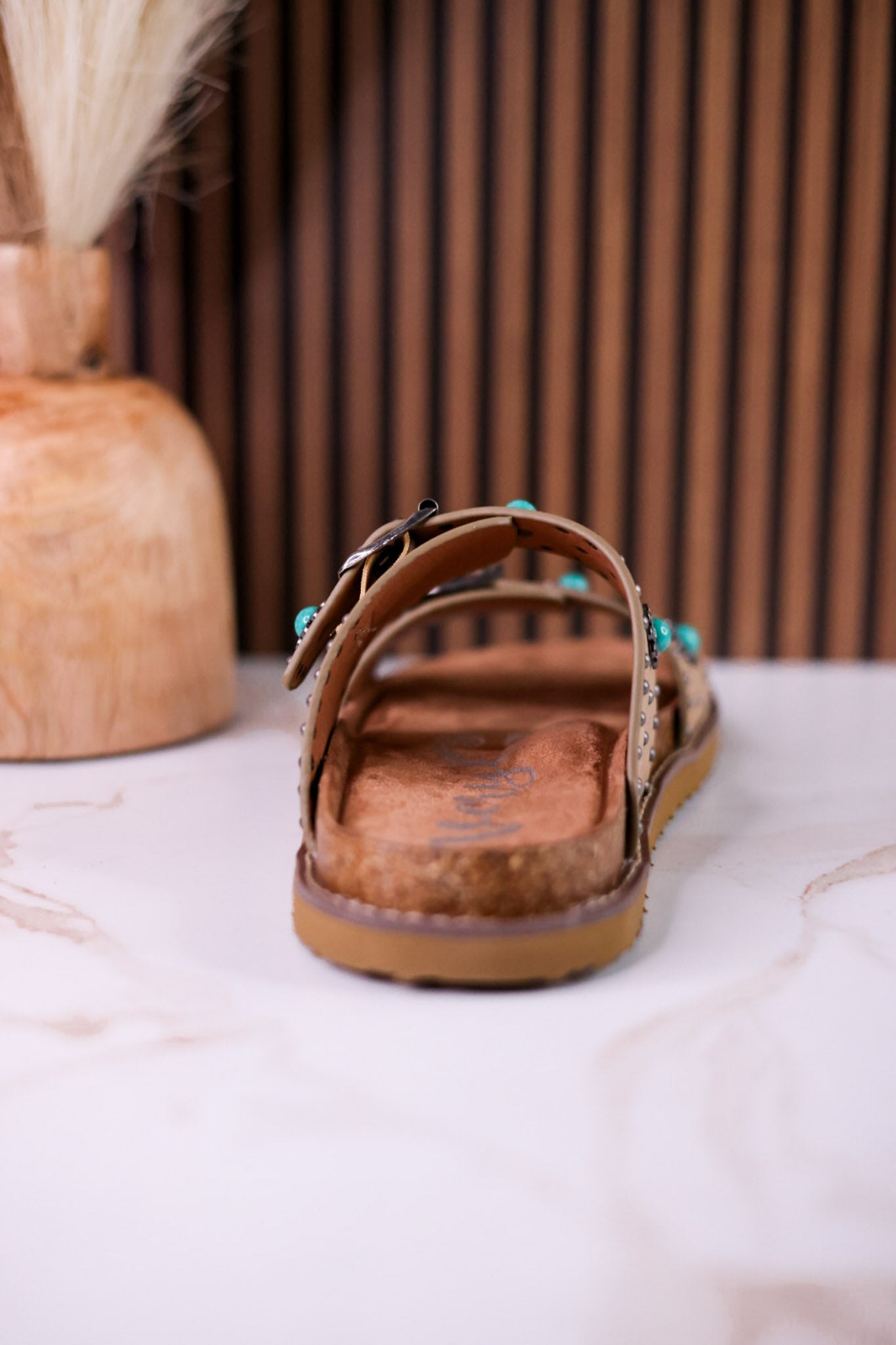 "Connie" Taupe Sandals With Studs & Turquoise Flower Accents - Whiskey Skies - VERY G