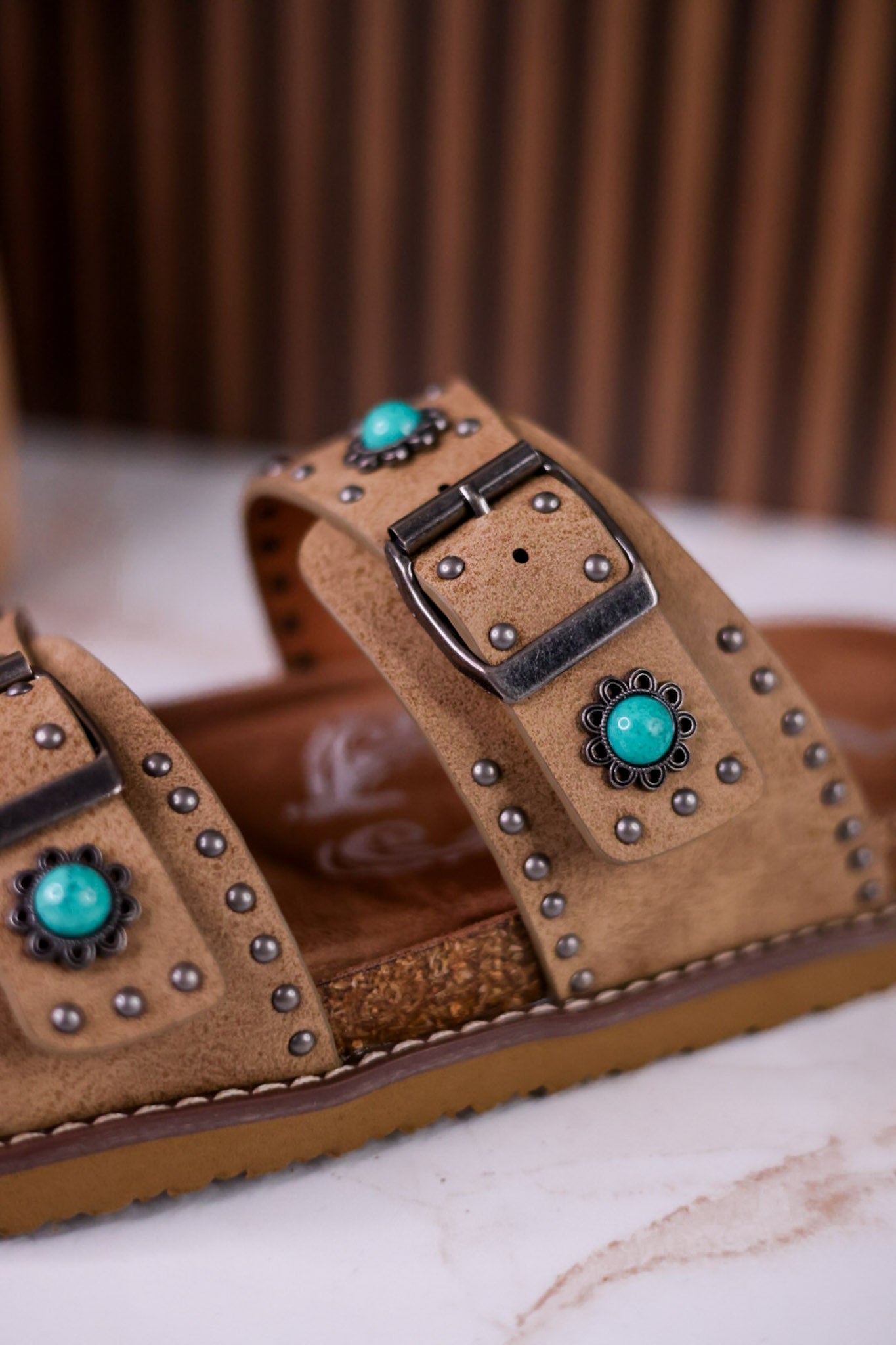 "Connie" Taupe Sandals With Studs & Turquoise Flower Accents - Whiskey Skies - VERY G