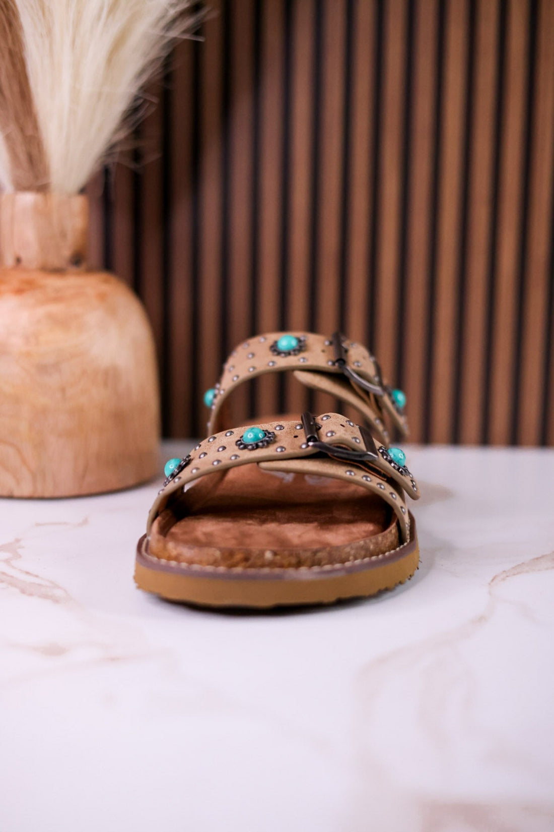 "Connie" Taupe Sandals With Studs & Turquoise Flower Accents - Whiskey Skies - VERY G