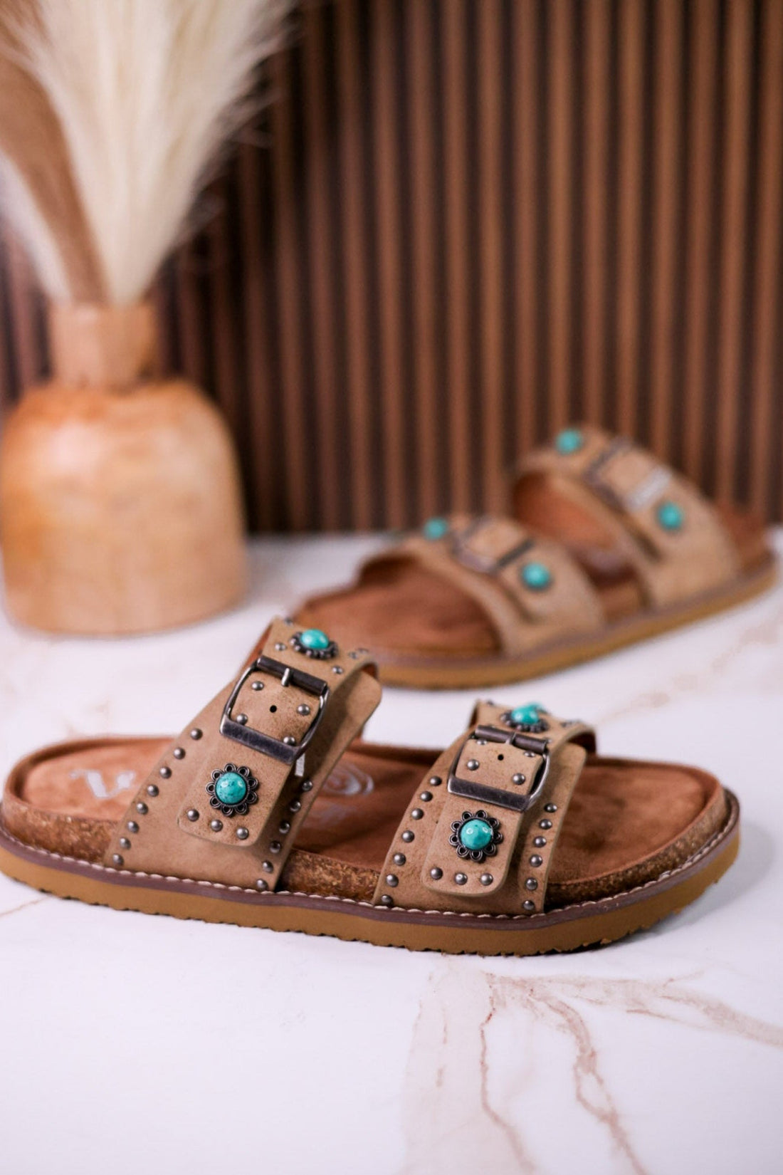 "Connie" Taupe Sandals With Studs & Turquoise Flower Accents - Whiskey Skies - VERY G