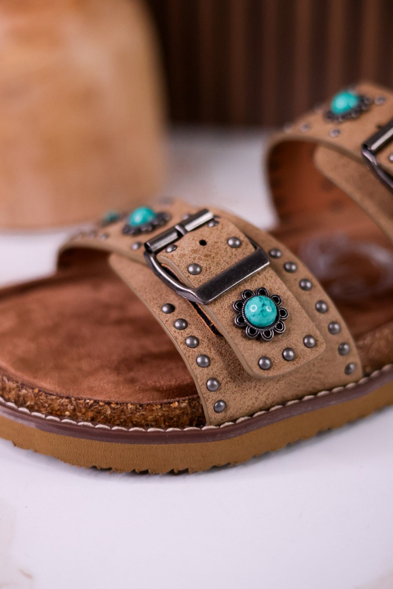 "Connie" Taupe Sandals With Studs & Turquoise Flower Accents - Whiskey Skies - VERY G