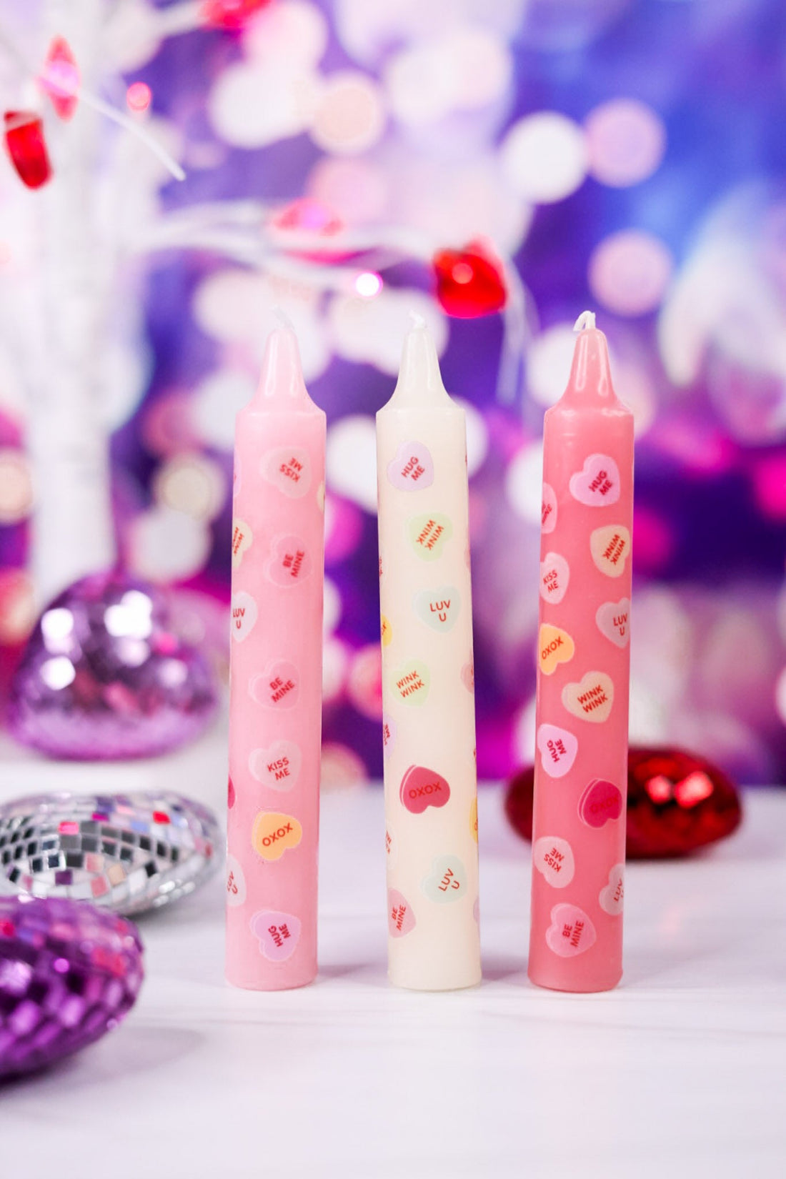 Conversation Hearts 6" Taper Candles (3 Colors) - Whiskey Skies - 180 DEGREES