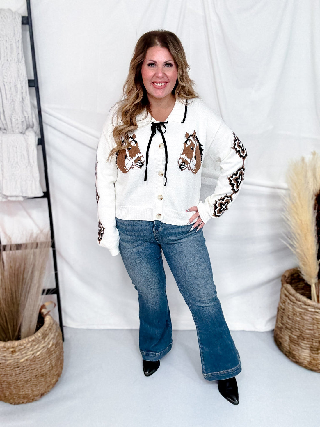 Cool Horse Button Down Long Sleeve Cardigan - Whiskey Skies - ROWDY CROWD CLOTHING