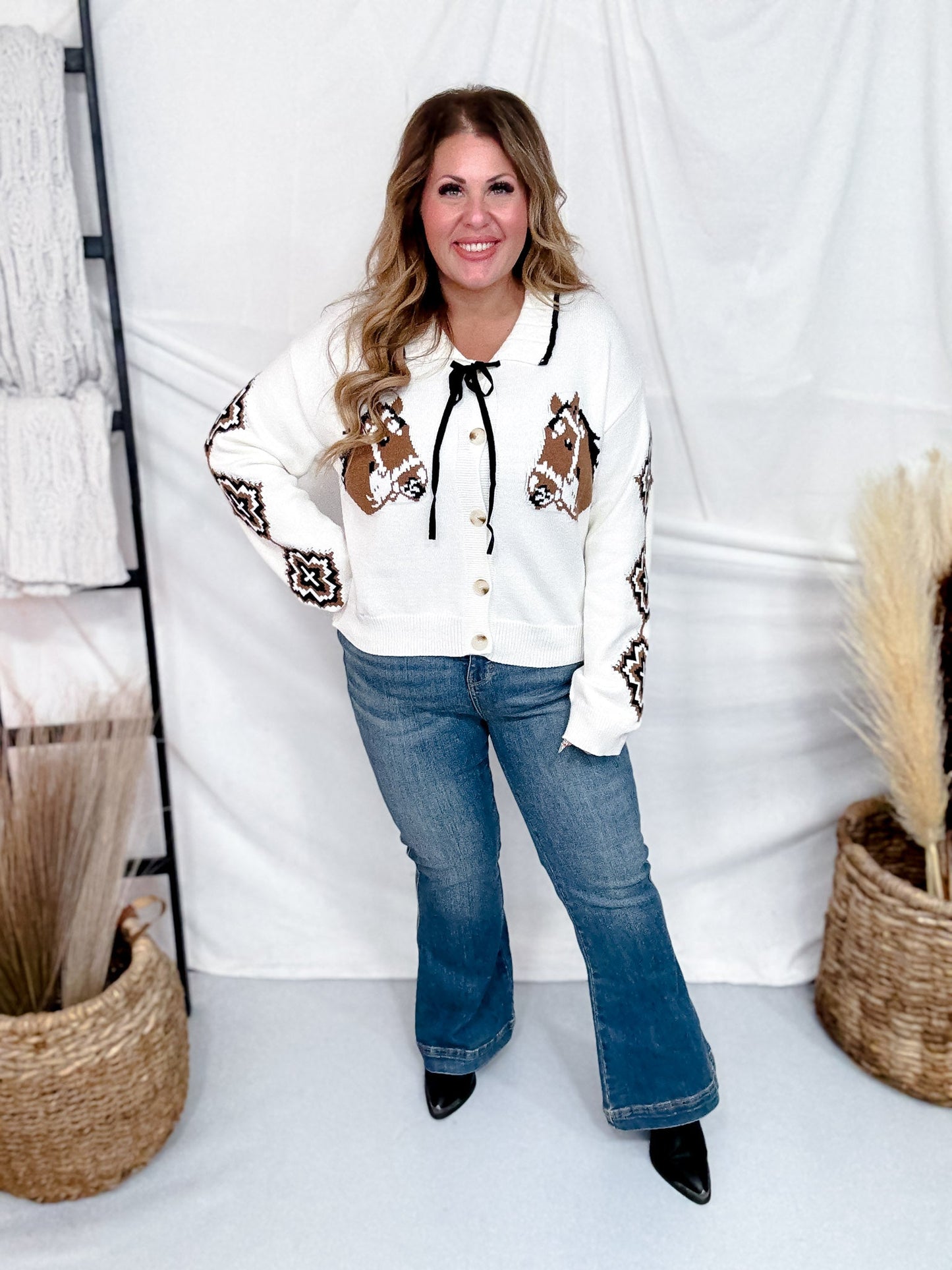 Cool Horse Button Down Long Sleeve Cardigan - Whiskey Skies - ROWDY CROWD CLOTHING