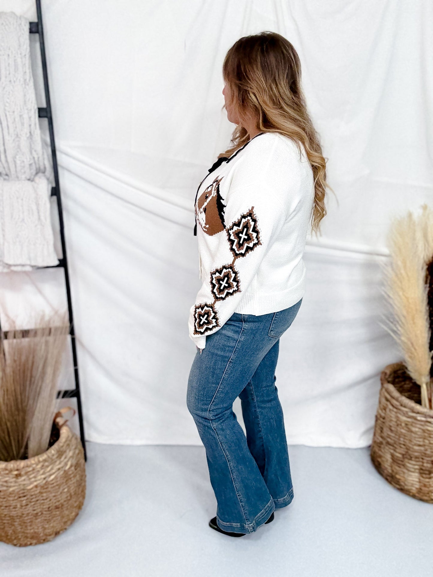 Cool Horse Button Down Long Sleeve Cardigan - Whiskey Skies - ROWDY CROWD CLOTHING