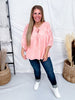 Coral Blouse With Sheer Floral Embroidered Overlay - Whiskey Skies - ODDI