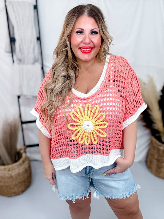 Coral Crochet Top with Yellow Flower Accent - Whiskey Skies - POL CLOTHING INC.