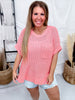 Coral Half Sleeve Open Knit Sweater With Round Neckline - Whiskey Skies - EASEL
