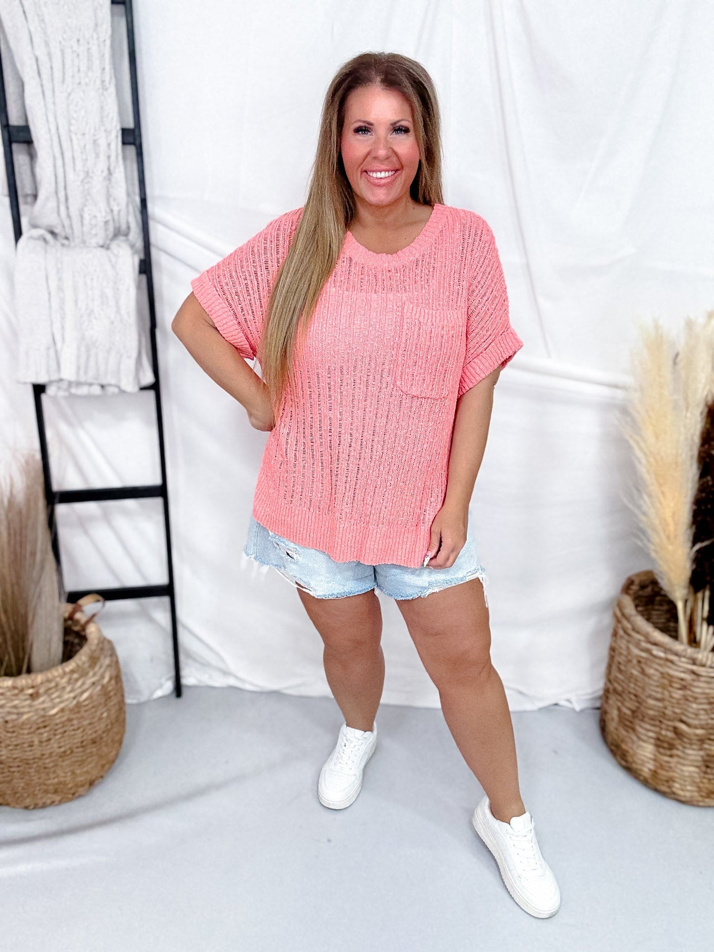 Coral Half Sleeve Open Knit Sweater With Round Neckline - Whiskey Skies - EASEL