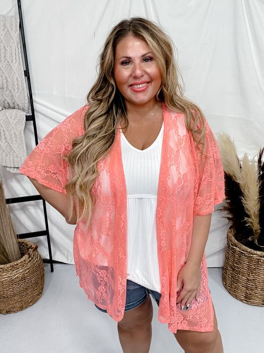 Coral Lace Embroidered Kimono Cover-Up - Whiskey Skies - ANDREE BY UNIT