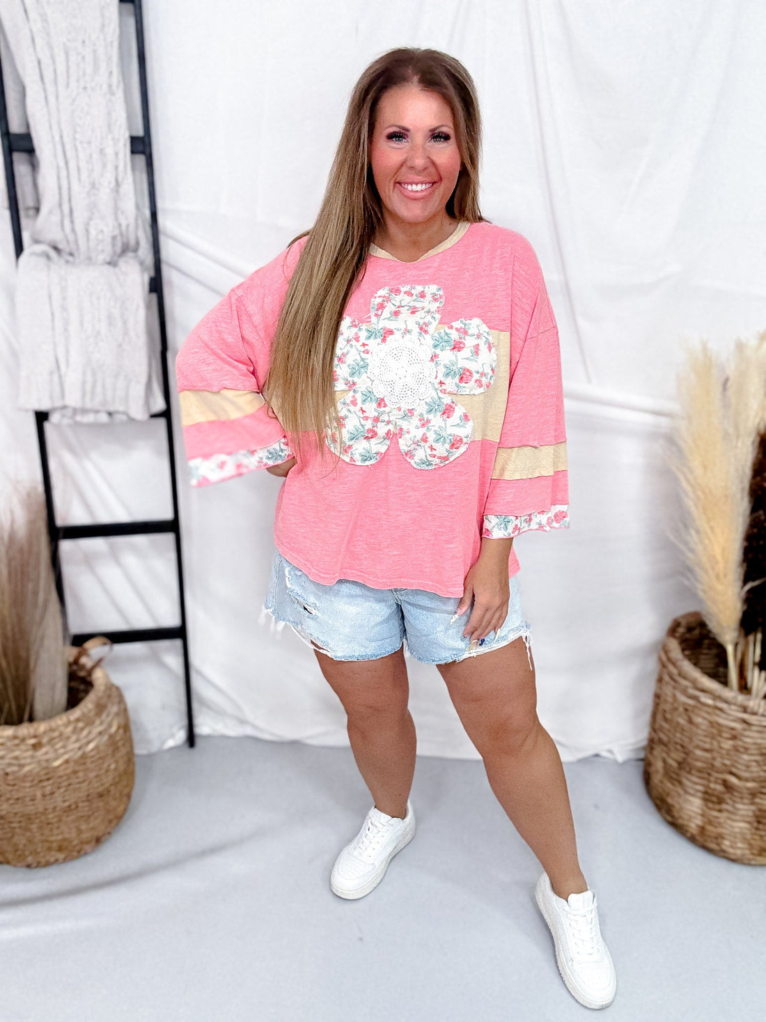 Coral Long Sleeve Color Block Top With Daisy Patch - Whiskey Skies - EASEL