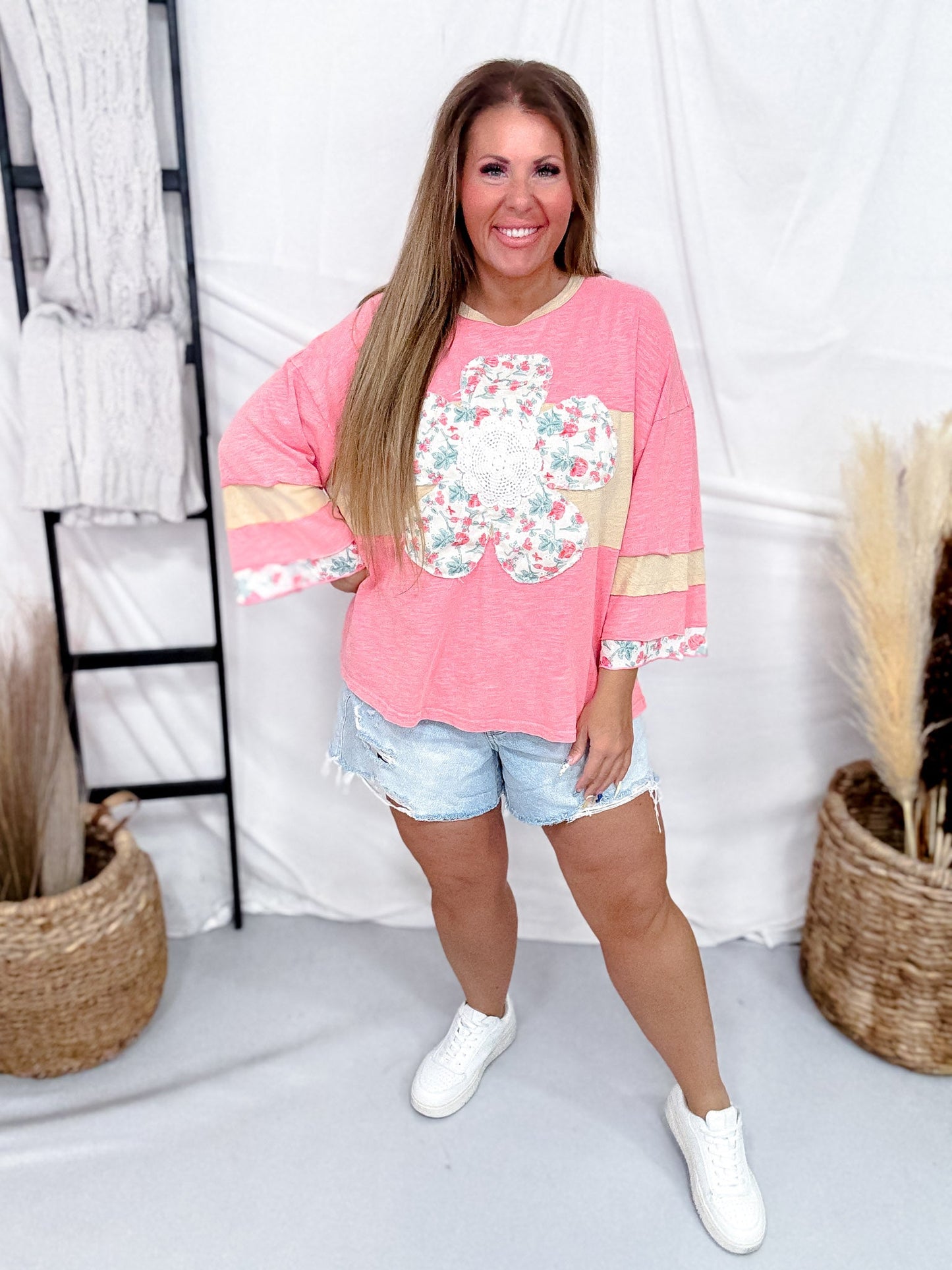 Coral Long Sleeve Color Block Top With Daisy Patch - Whiskey Skies - EASEL