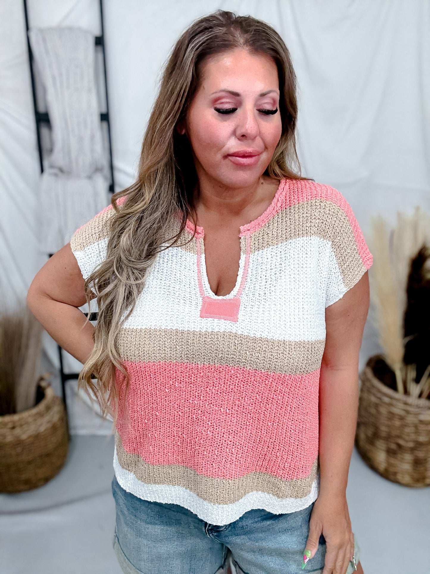 Coral & Mocha Striped Knit Short Sleeve Top - Whiskey Skies - SEW IN LOVE
