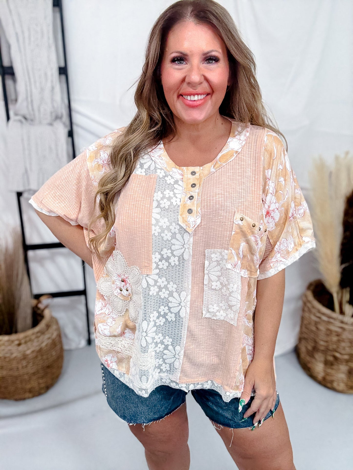 Coral & Peach Short Sleeve Floral Print Top With Floral Patches - Whiskey Skies - POL CLOTHING INC.