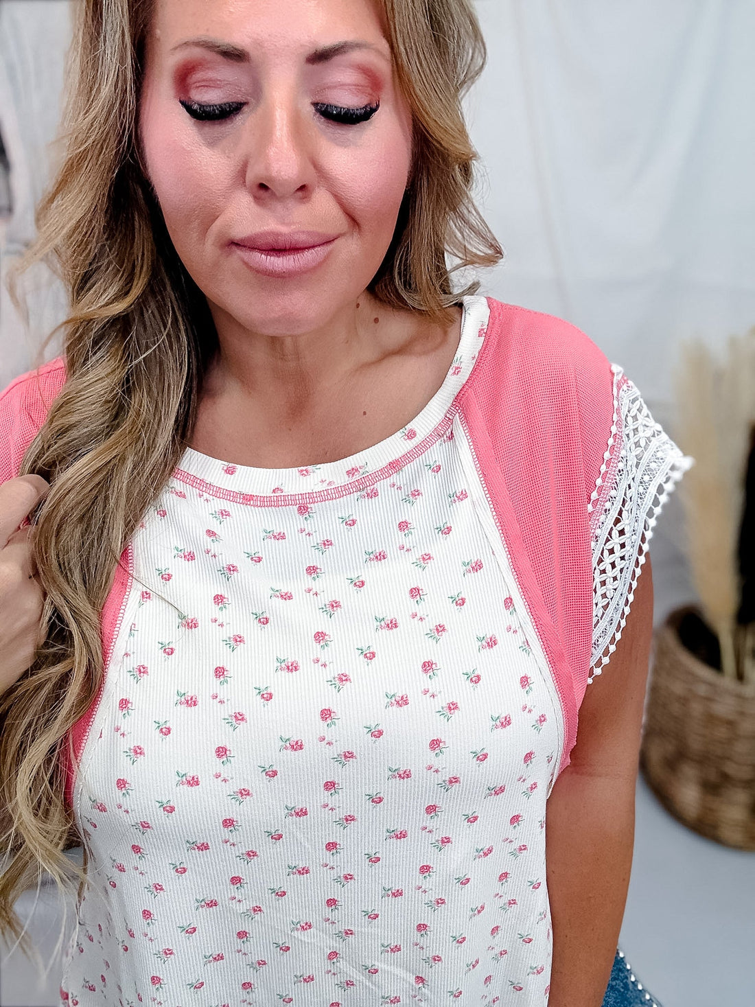 Coral Pink Ditzy Floral Print Top With Crochet Trim Sleeves - Whiskey Skies - BIBI