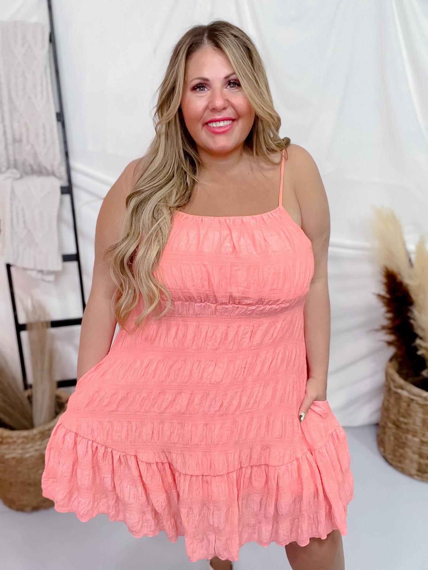 Coral Pink Textured Cami Dress - Whiskey Skies - DAVI & DANI