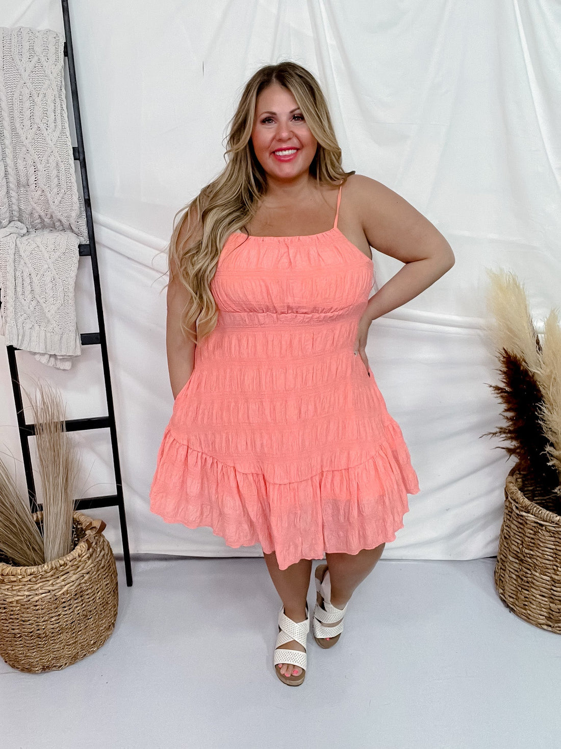 Coral Pink Textured Cami Dress - Whiskey Skies - DAVI & DANI