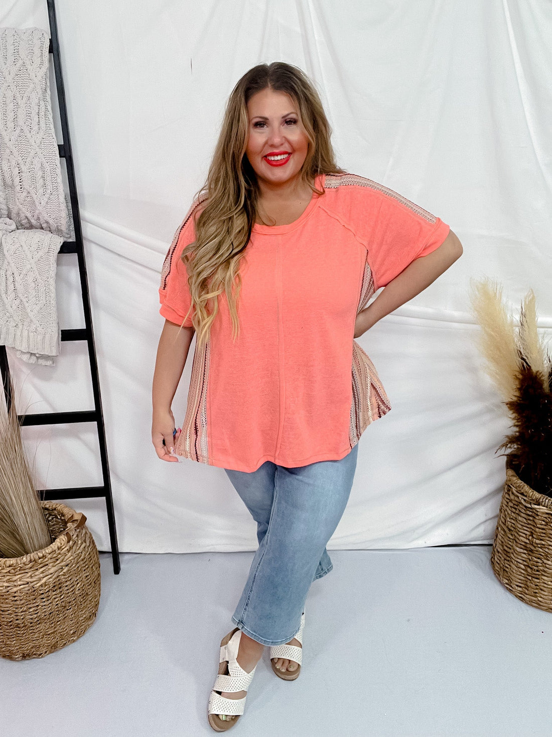 Coral Short Sleeve Crochet Panel Tunic Top - Whiskey Skies - ANDREE BY UNIT