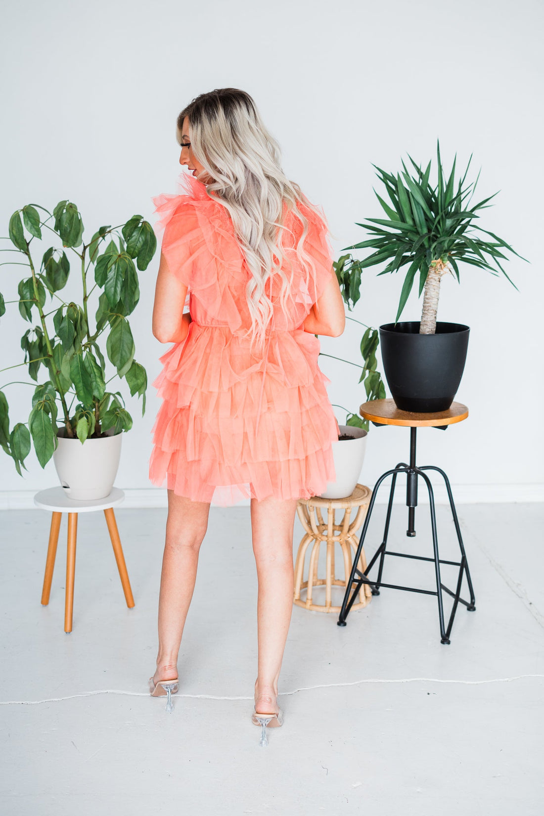 Coral V - Neck Tulle Tiered Sleeveless Dress - Whiskey Skies - WHITE BIRCH