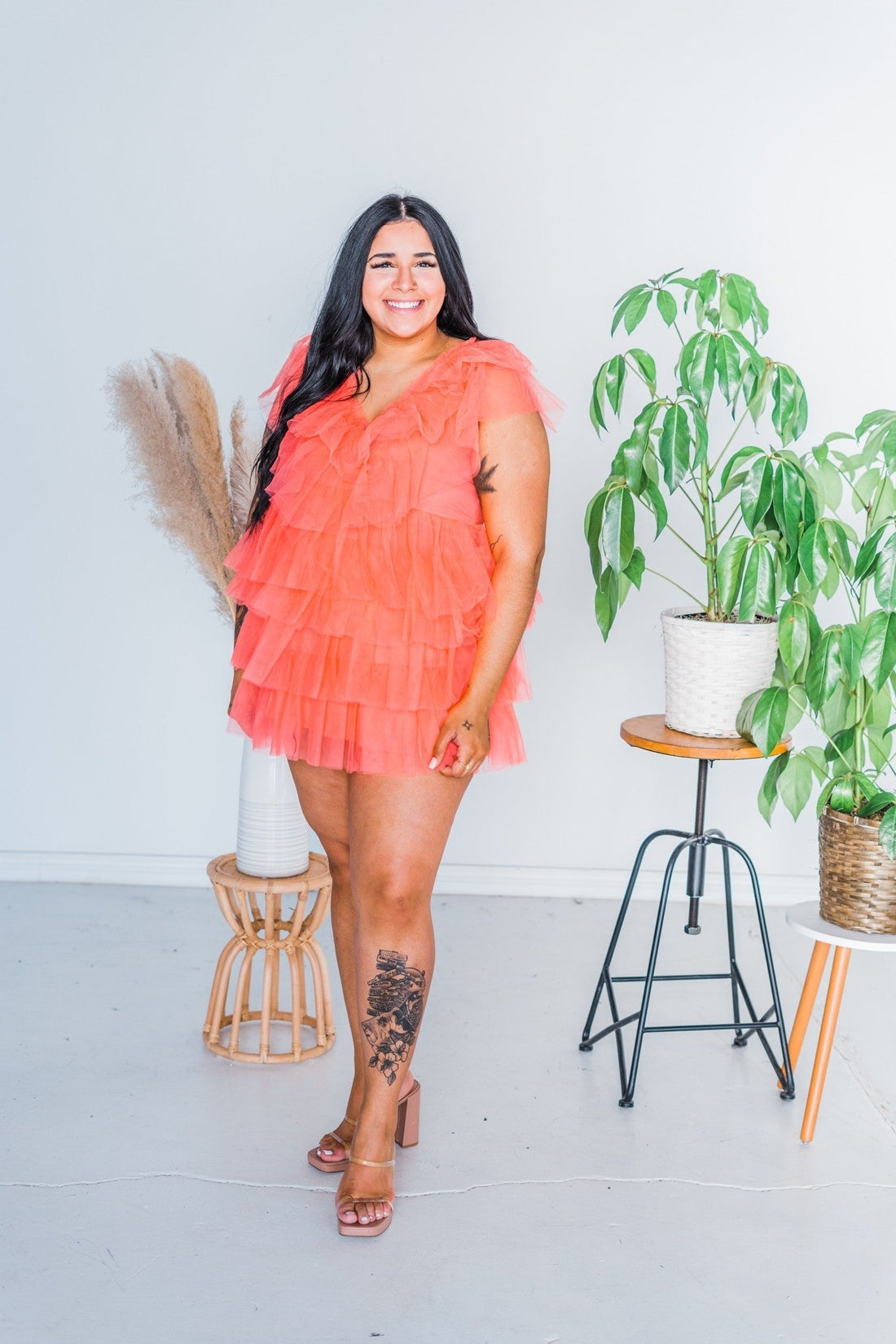 Coral V - Neck Tulle Tiered Sleeveless Dress - Whiskey Skies - WHITE BIRCH