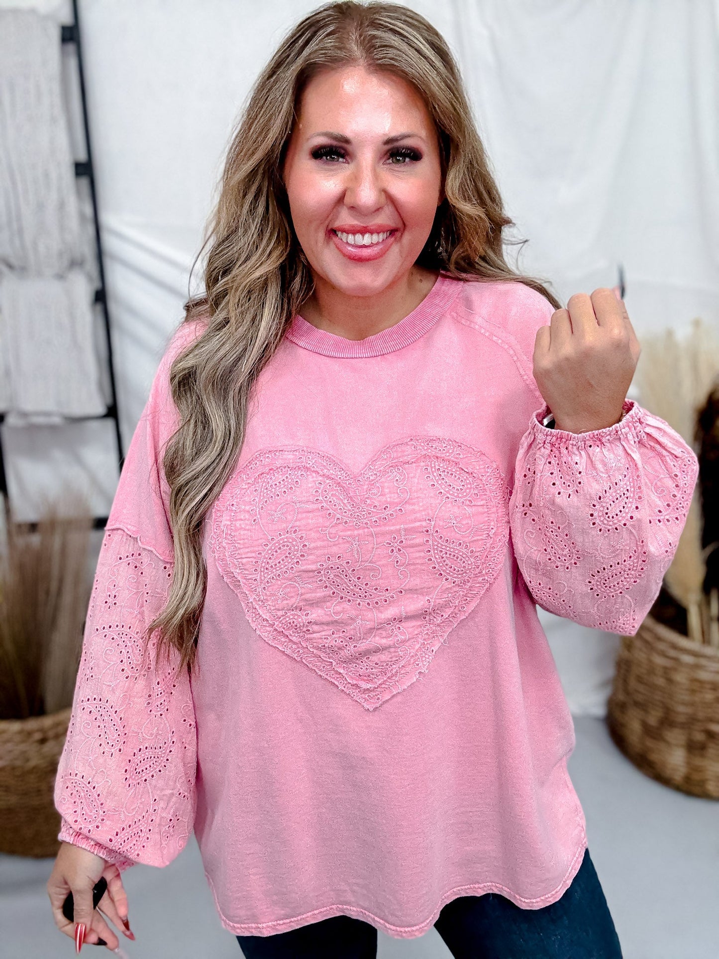 Cotton Candy Long Sleeve Pullover With Eyelet Lace Heart Patch - Whiskey Skies - EASEL