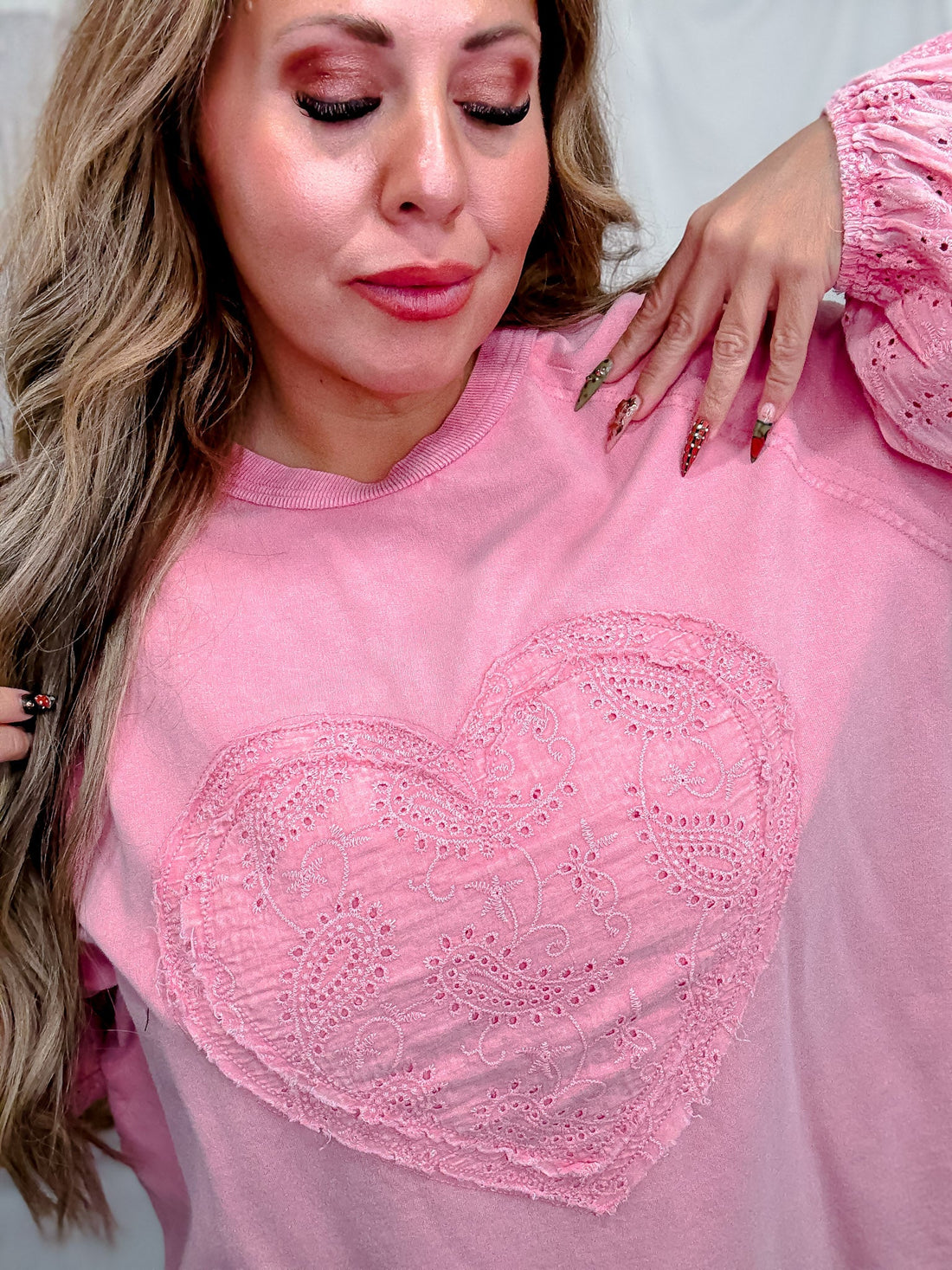 Cotton Candy Long Sleeve Pullover With Eyelet Lace Heart Patch - Whiskey Skies - EASEL
