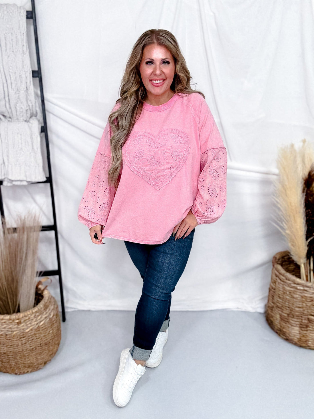 Cotton Candy Long Sleeve Pullover With Eyelet Lace Heart Patch - Whiskey Skies - EASEL