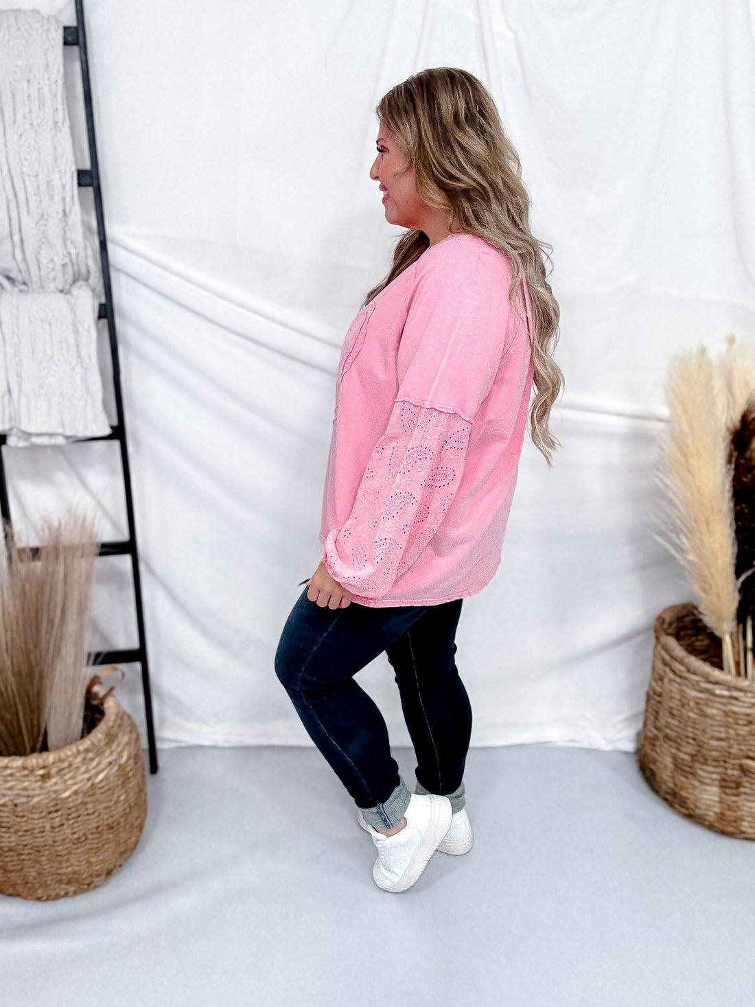 Cotton Candy Long Sleeve Pullover With Eyelet Lace Heart Patch - Whiskey Skies - EASEL
