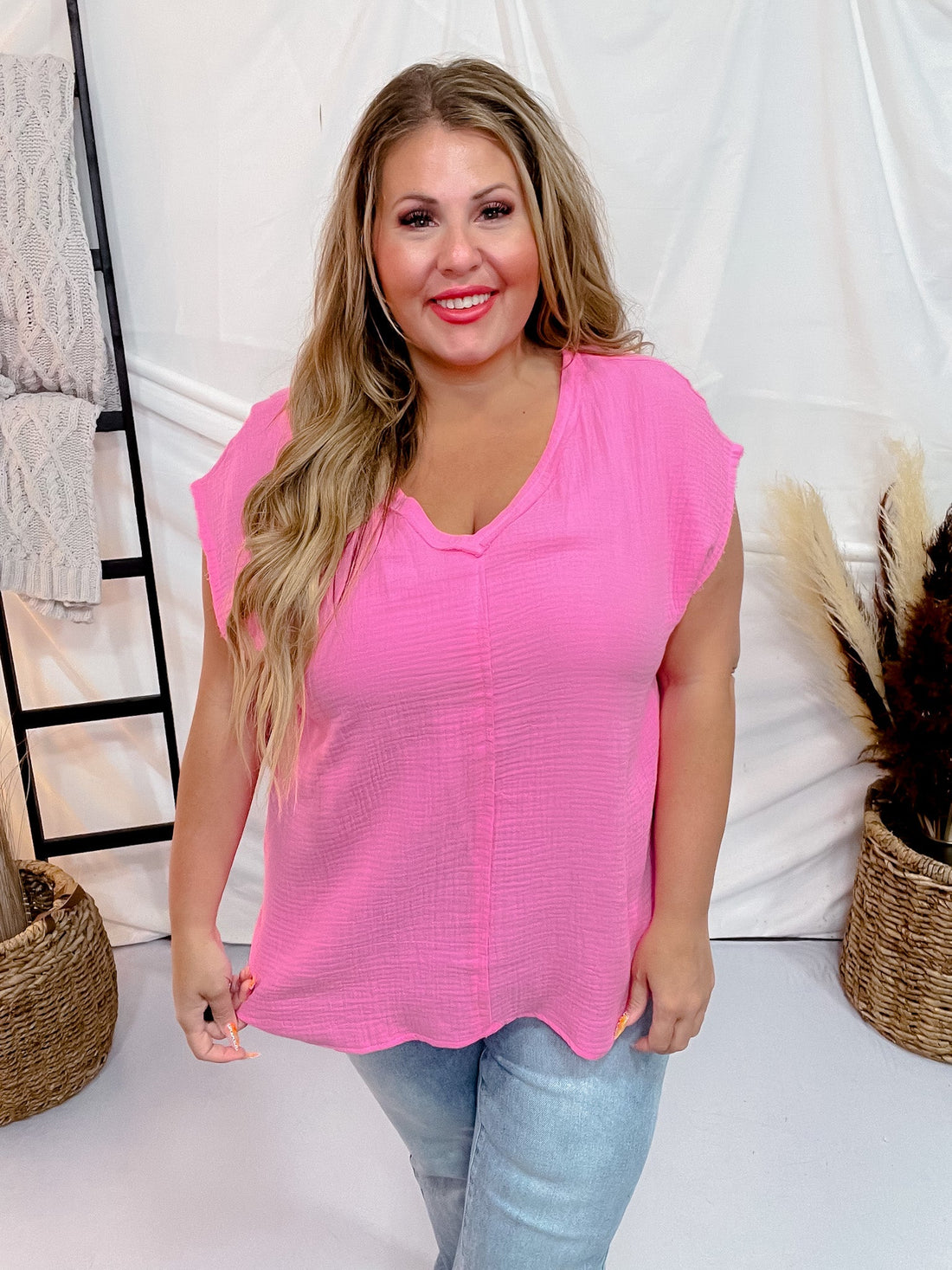 Cotton Gauze Top with Raw Edge Detailing in Pink Cosmos - Whiskey Skies - ANDREE BY UNIT