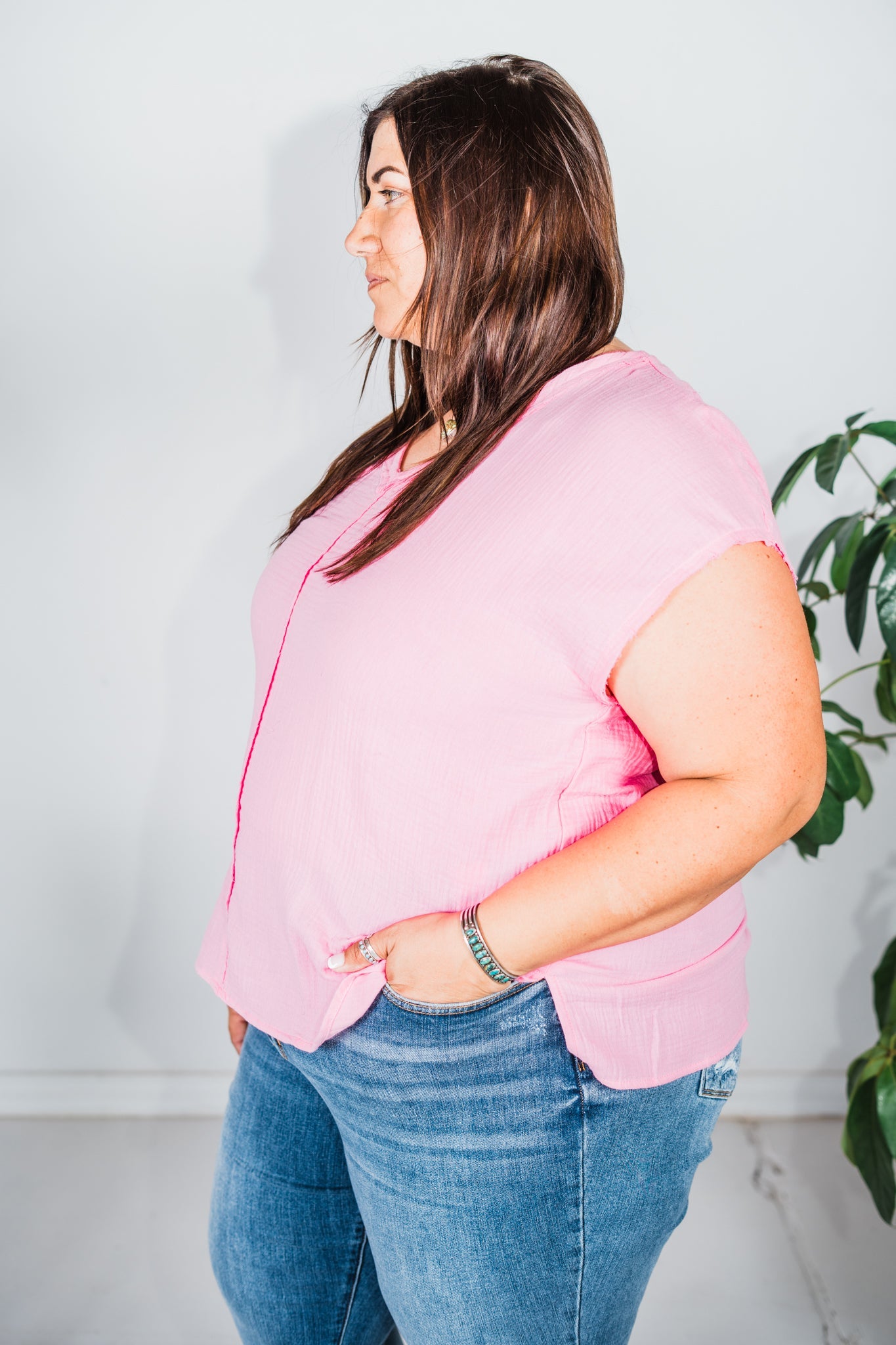 Cotton Gauze Top with Raw Edge Detailing in Pink Cosmos - Whiskey Skies - ANDREE BY UNIT