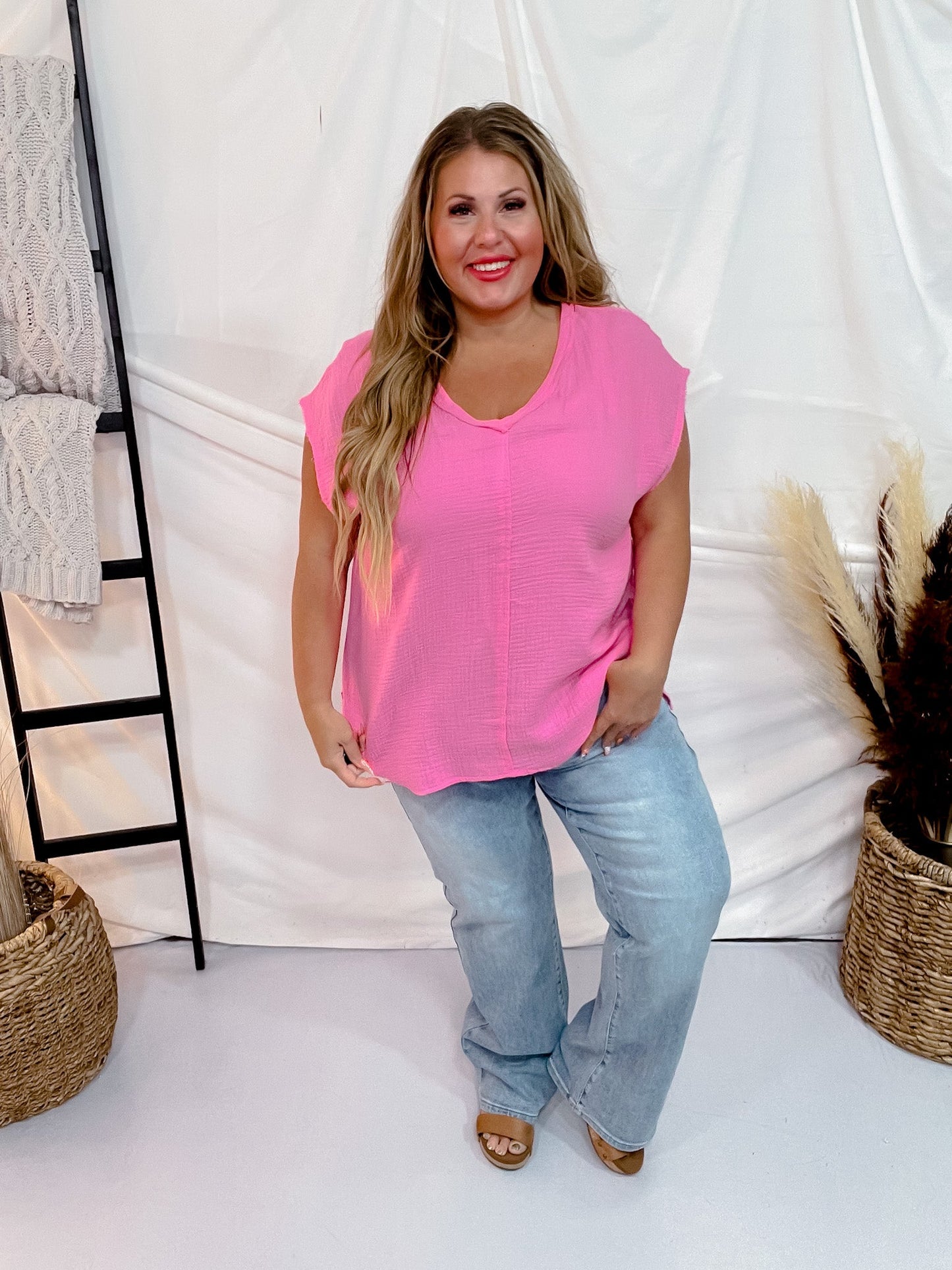 Cotton Gauze Top with Raw Edge Detailing in Pink Cosmos - Whiskey Skies - ANDREE BY UNIT