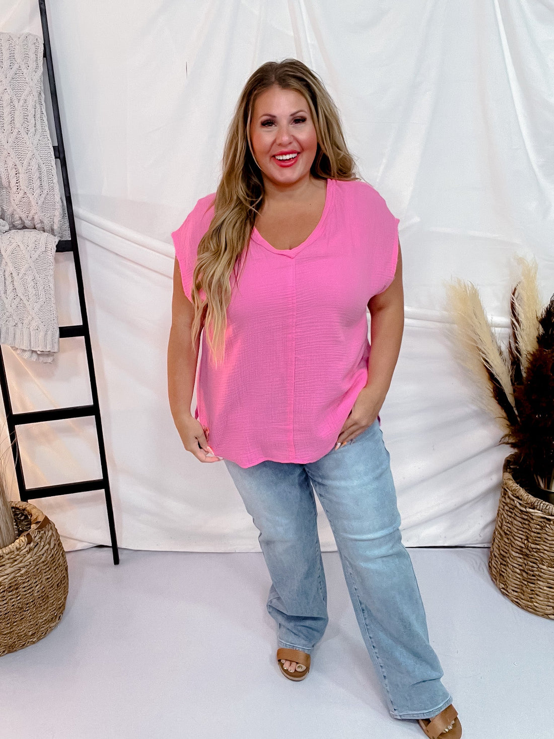 Cotton Gauze Top with Raw Edge Detailing in Pink Cosmos - Whiskey Skies - ANDREE BY UNIT