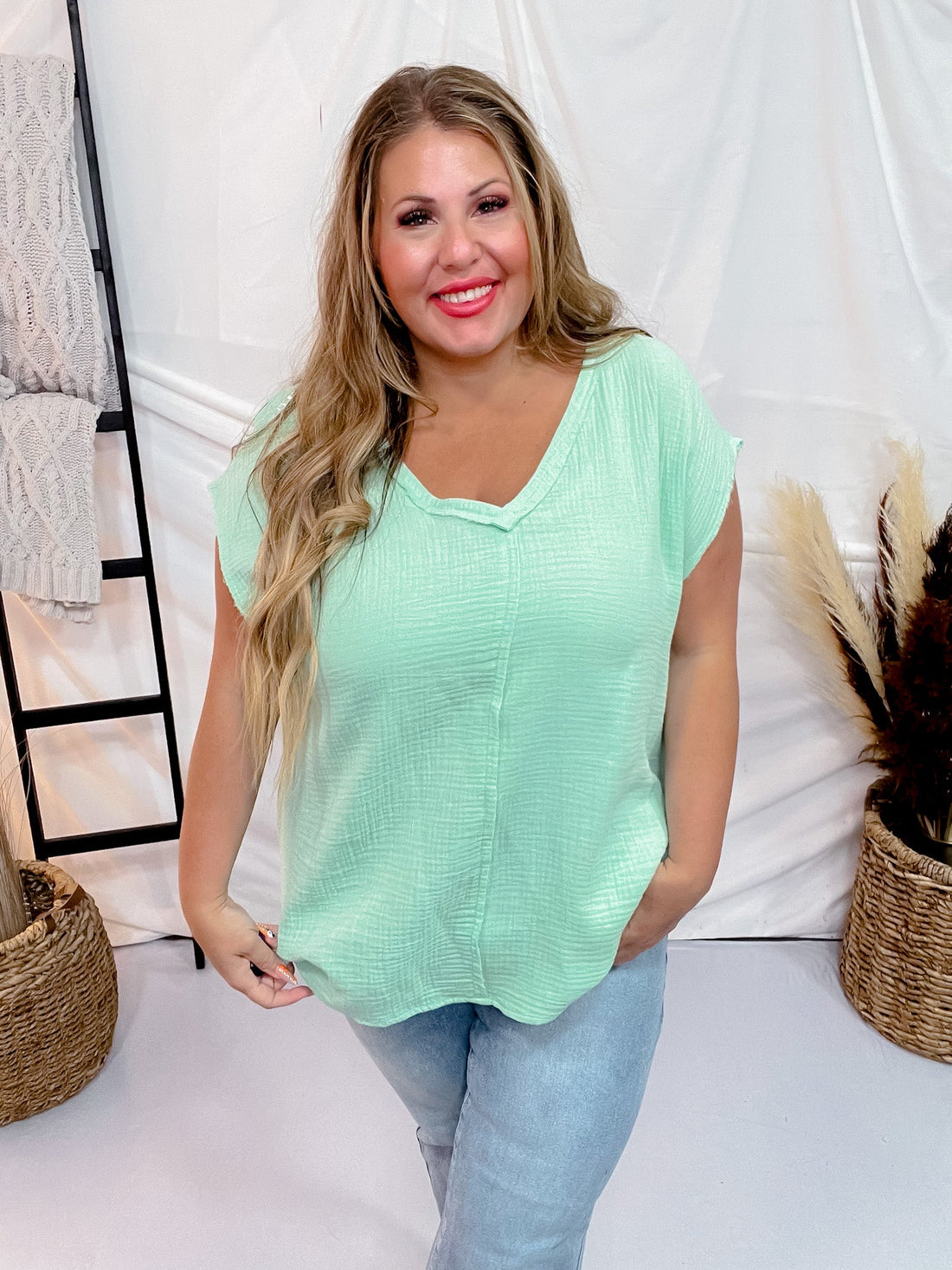 Cotton Gauze Top with Raw Edge Detailing in Sage Green - Whiskey Skies - ANDREE BY UNIT