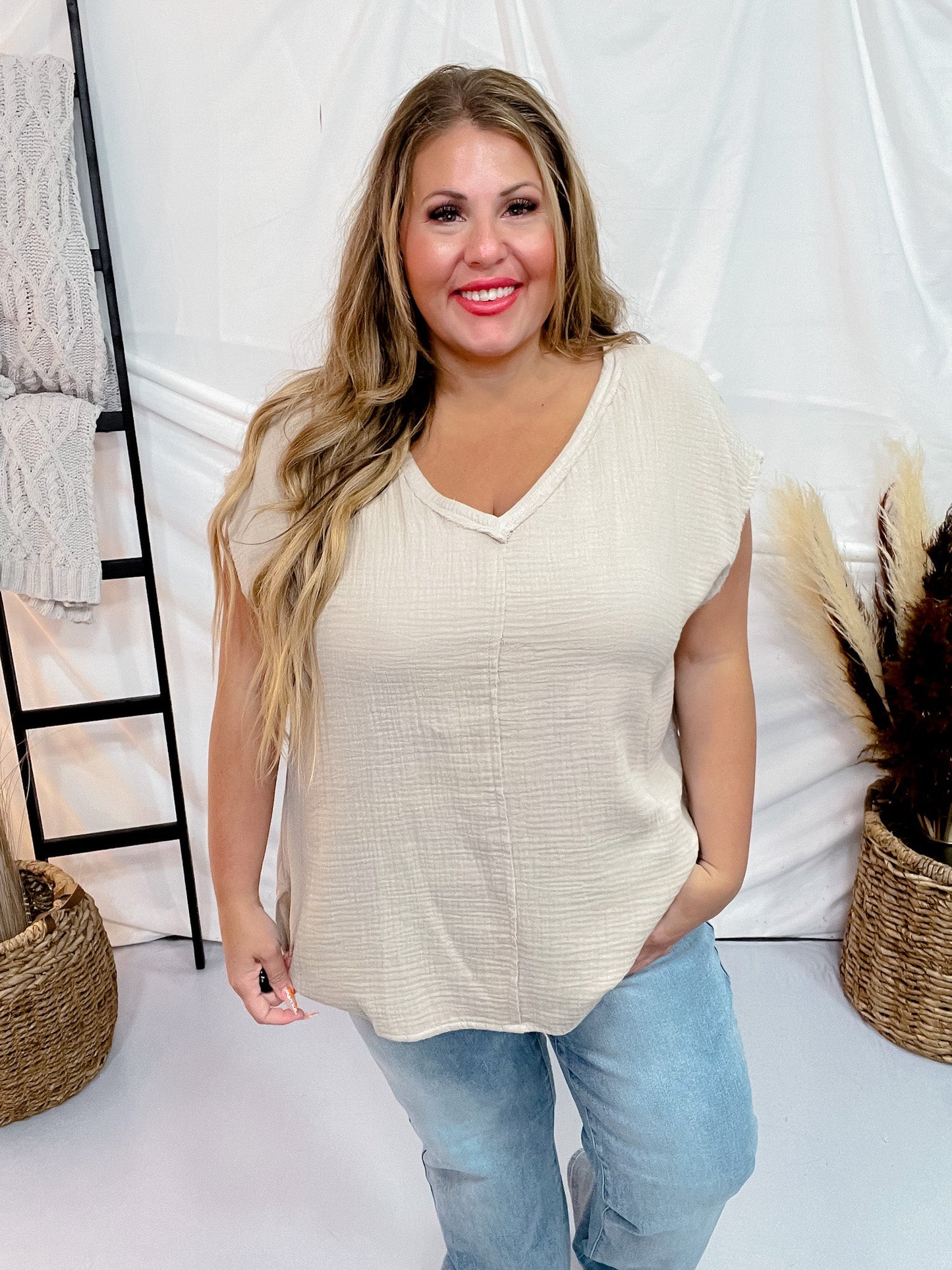 Cotton Gauze Top with Raw Edge Detailing in Taupe - Whiskey Skies - ANDREE BY UNIT