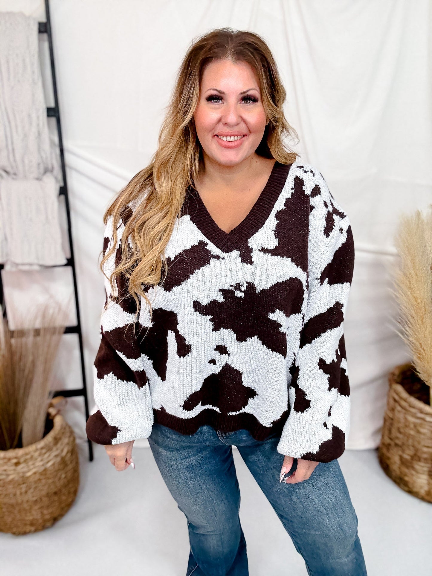 Cow Patterned V - Neck Sweater Top - Whiskey Skies - DAVI & DANI