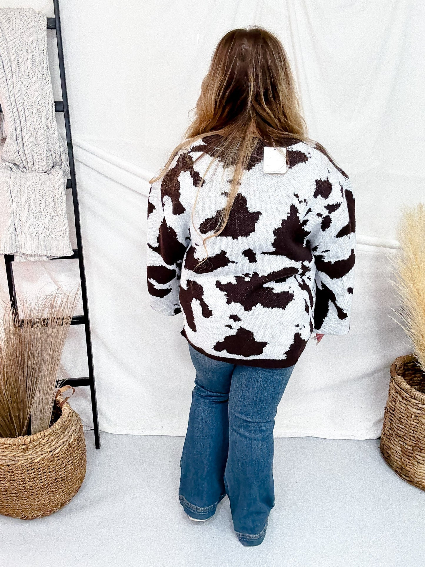 Cow Patterned V - Neck Sweater Top - Whiskey Skies - DAVI & DANI