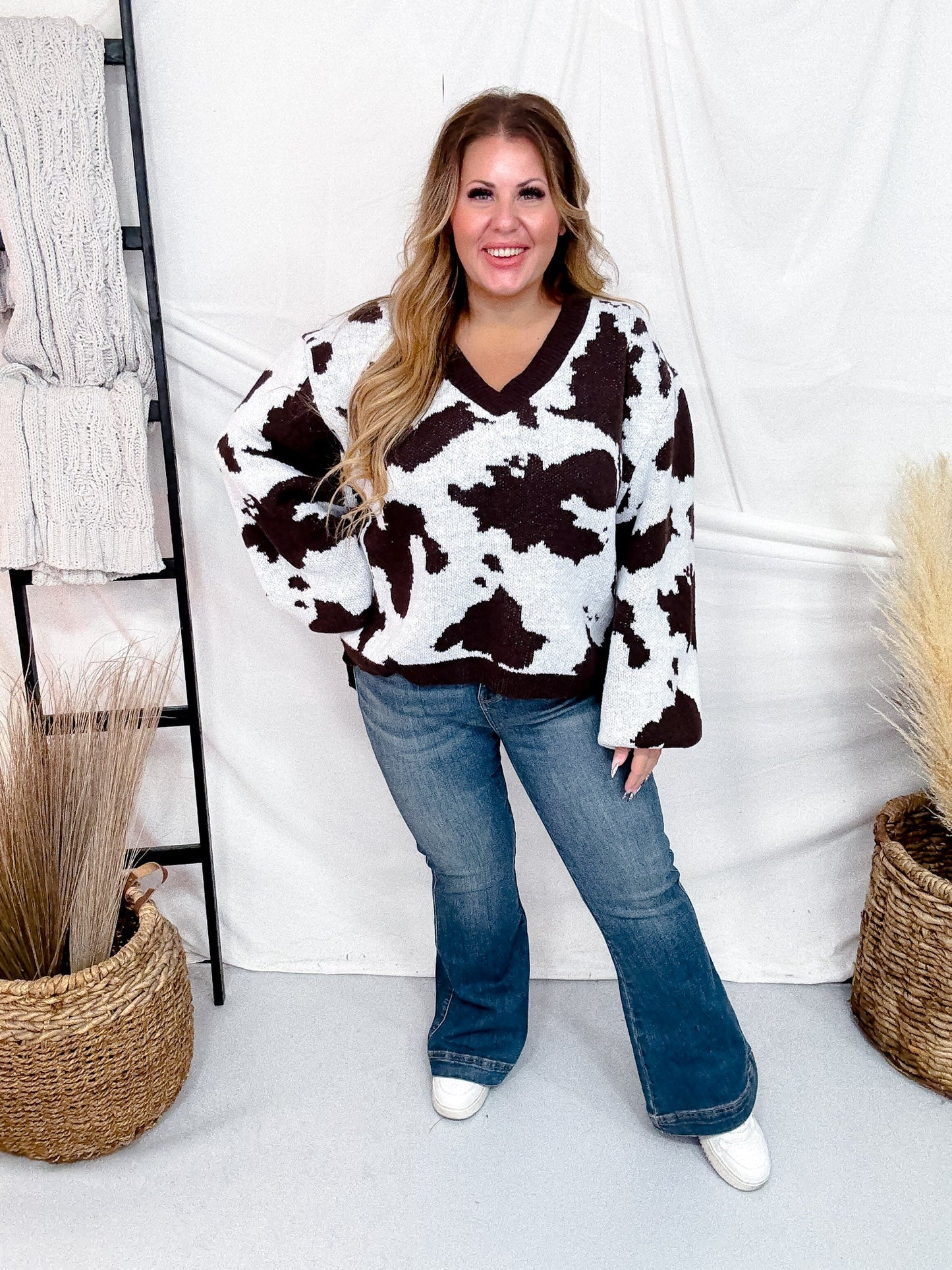 Cow Patterned V - Neck Sweater Top - Whiskey Skies - DAVI & DANI