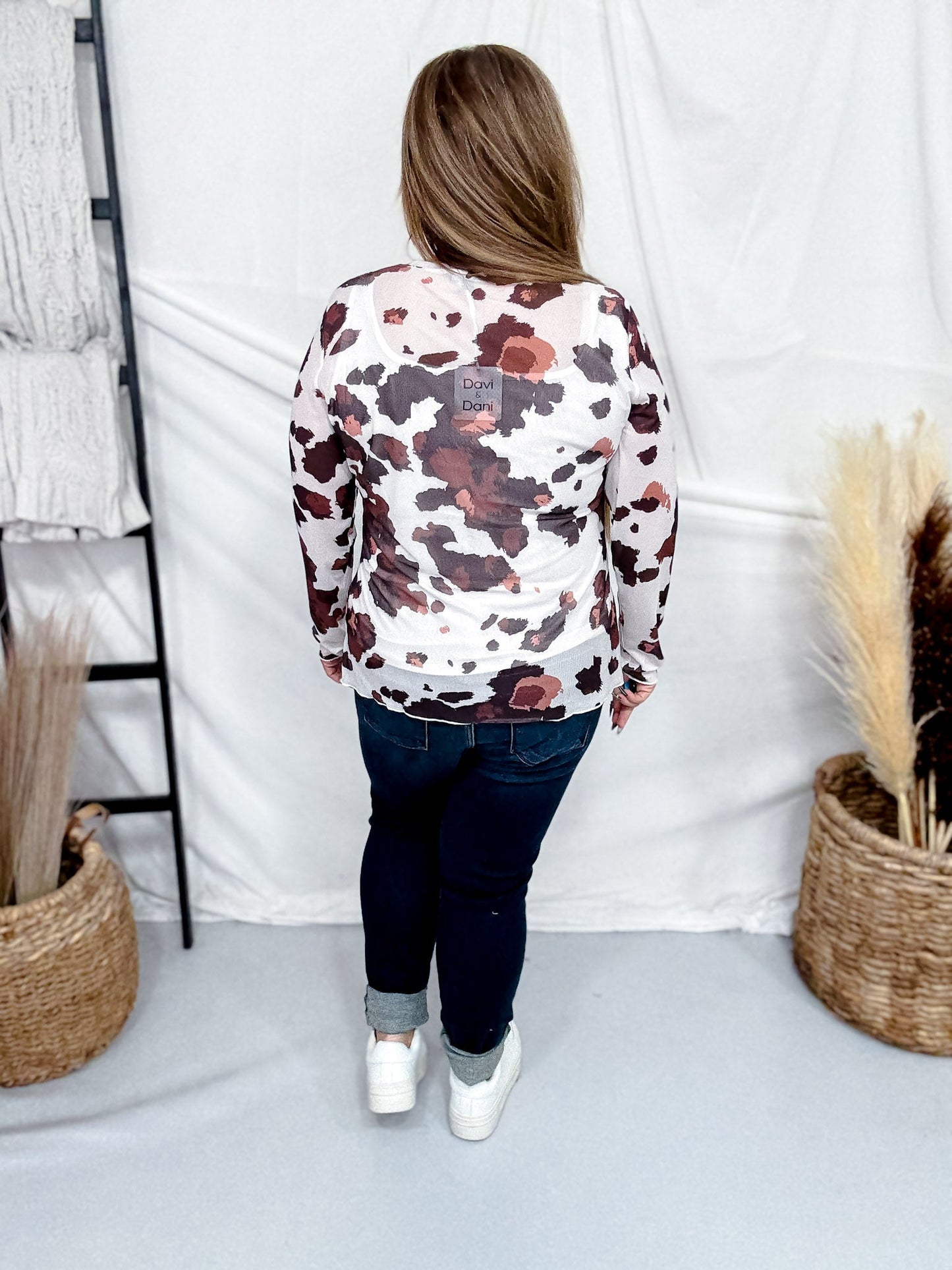 Cow Print Long Sleeve Mesh Top With Studded Horseshoe - Whiskey Skies - DAVI & DANI