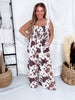 Cow Print Wide Leg Jumpsuit With Smocked Bodice - Whiskey Skies - DAVI & DANI