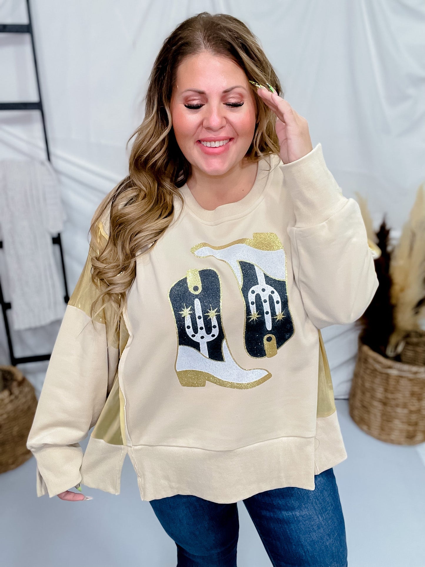 Cowboy Boots Sweatshirt with Gold Foil Panels - Whiskey Skies - ODDI