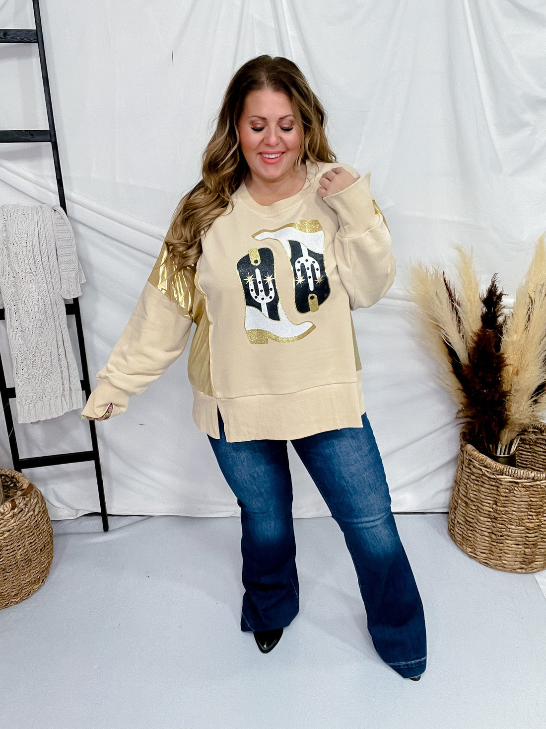 Cowboy Boots Sweatshirt with Gold Foil Panels - Whiskey Skies - ODDI