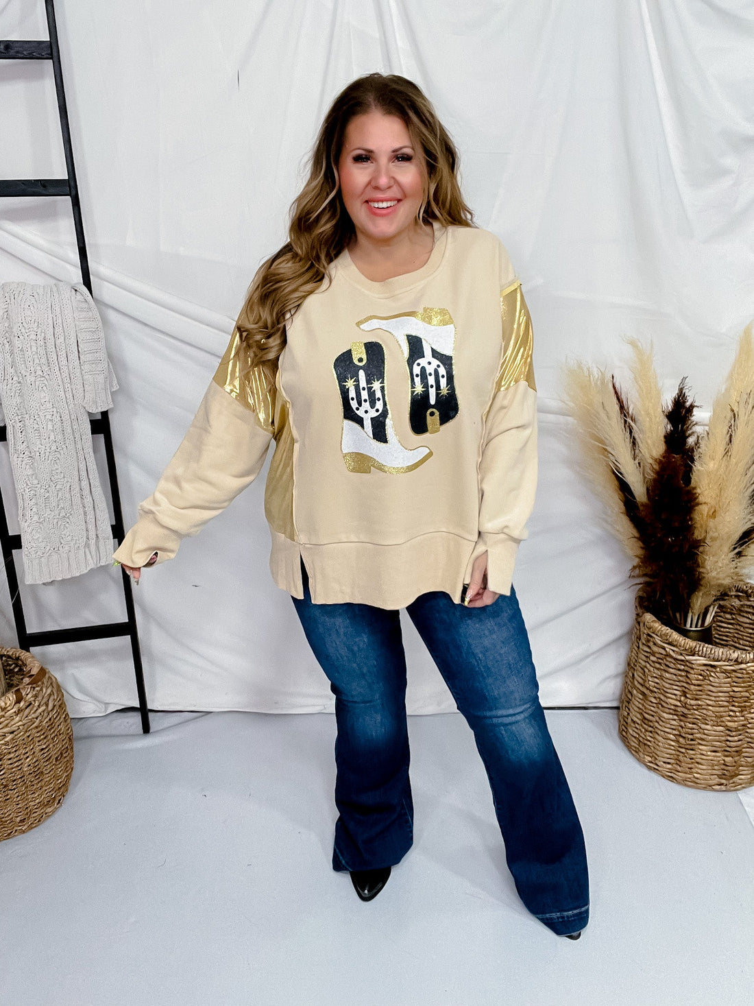 Cowboy Boots Sweatshirt with Gold Foil Panels - Whiskey Skies - ODDI