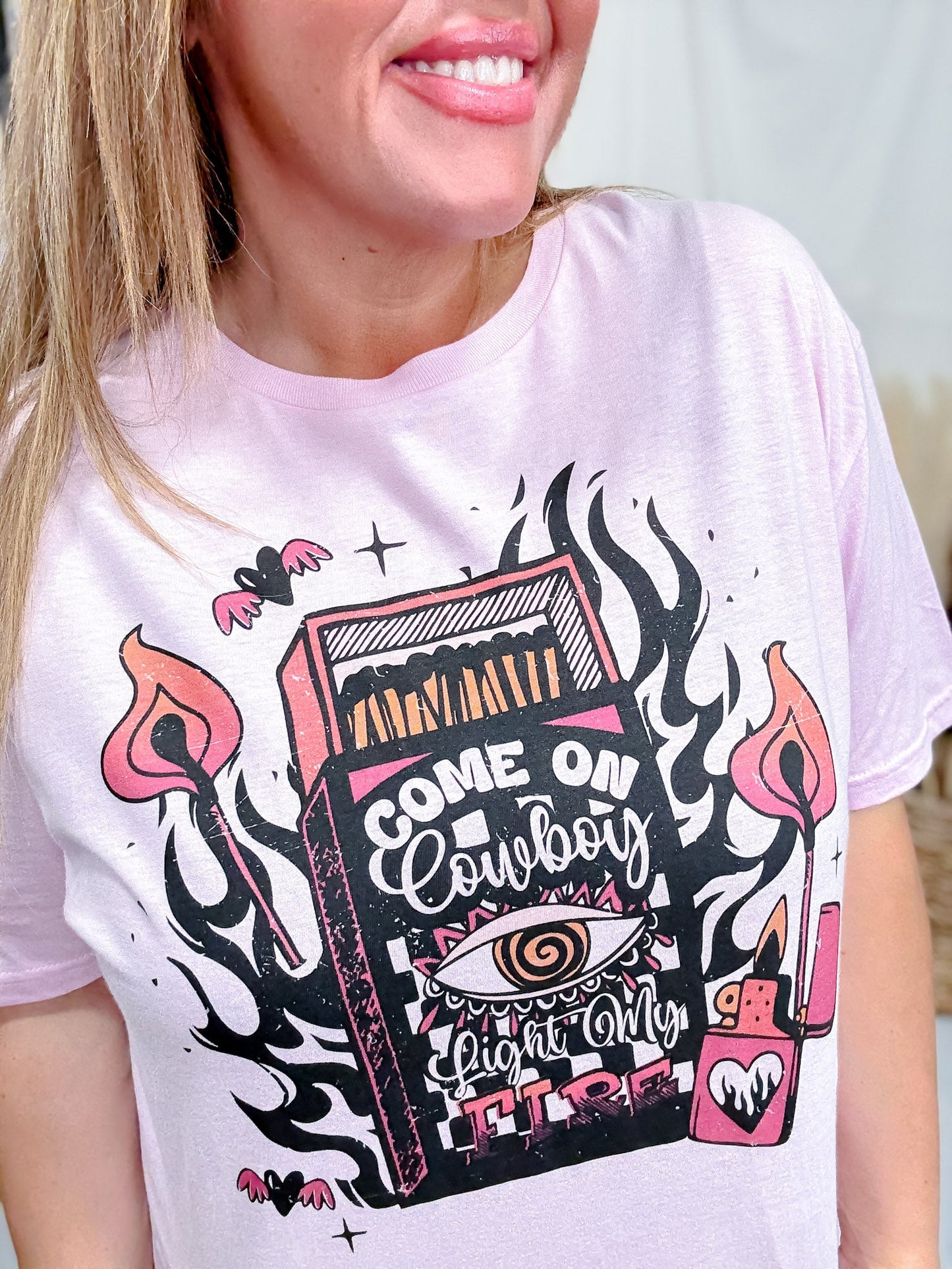Cowboy Light My Fire Pink Graphic Tee - Whiskey Skies - THE LATTIMORE CLAIM