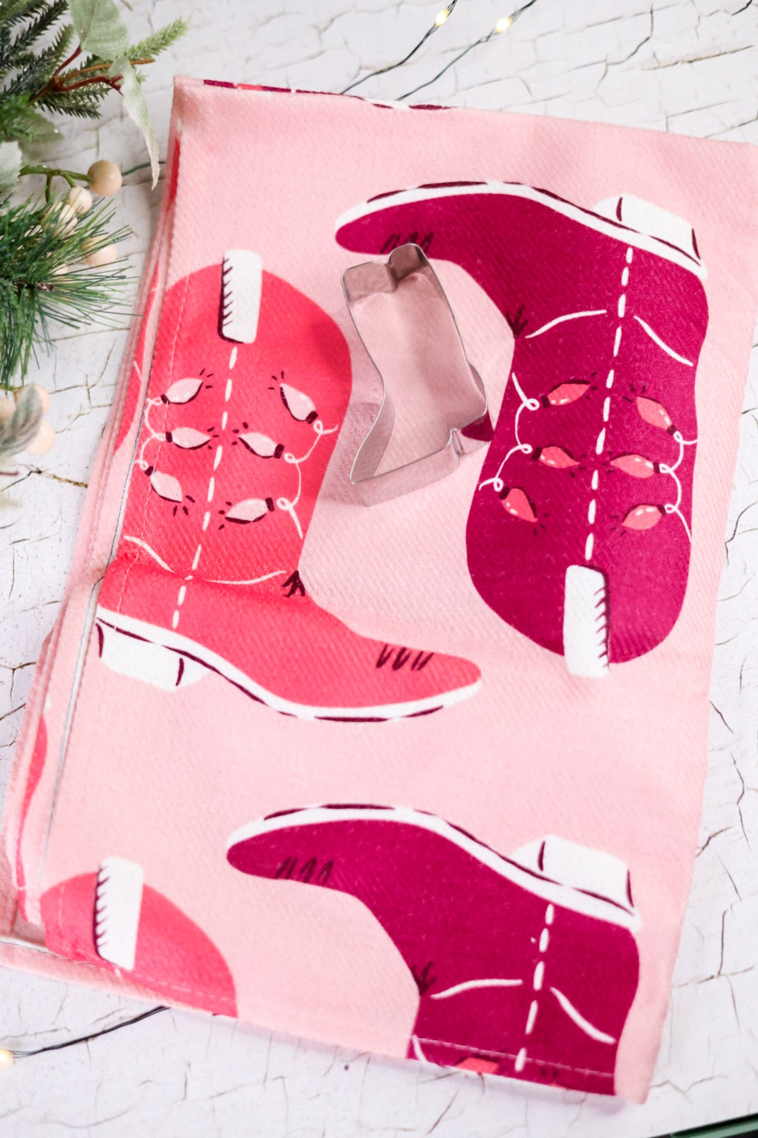 Cowboy Santa Tea Towel & Cowboy Boot Cookie Cutter Set - Whiskey Skies - TRANSPAC