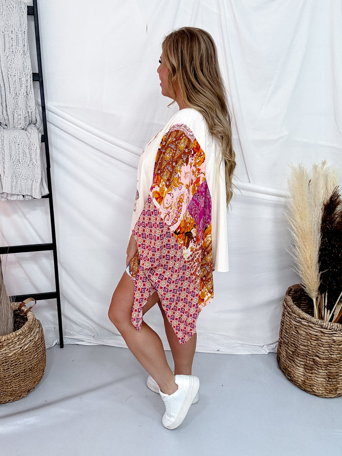 Cowboy Take Me Away Mixed Print Poncho Top - Whiskey Skies - BLUEVELVET