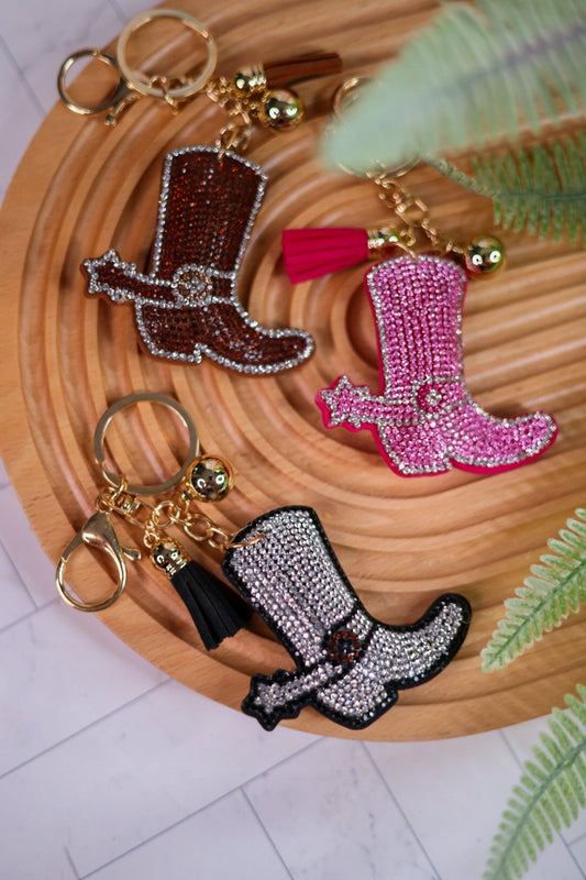 Cowgirl Boot Plush Crystal Keychains (Three Colors) - Whiskey Skies - QUEENS DESIGNS