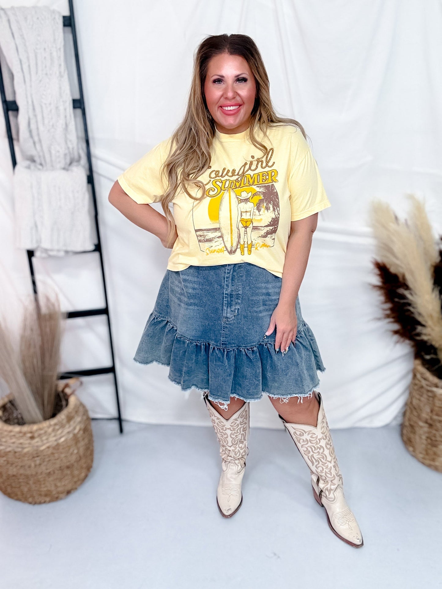 Cowgirl Summer Beach Vibes Graphic Midi Shirt - Whiskey Skies - STATED BRANDS