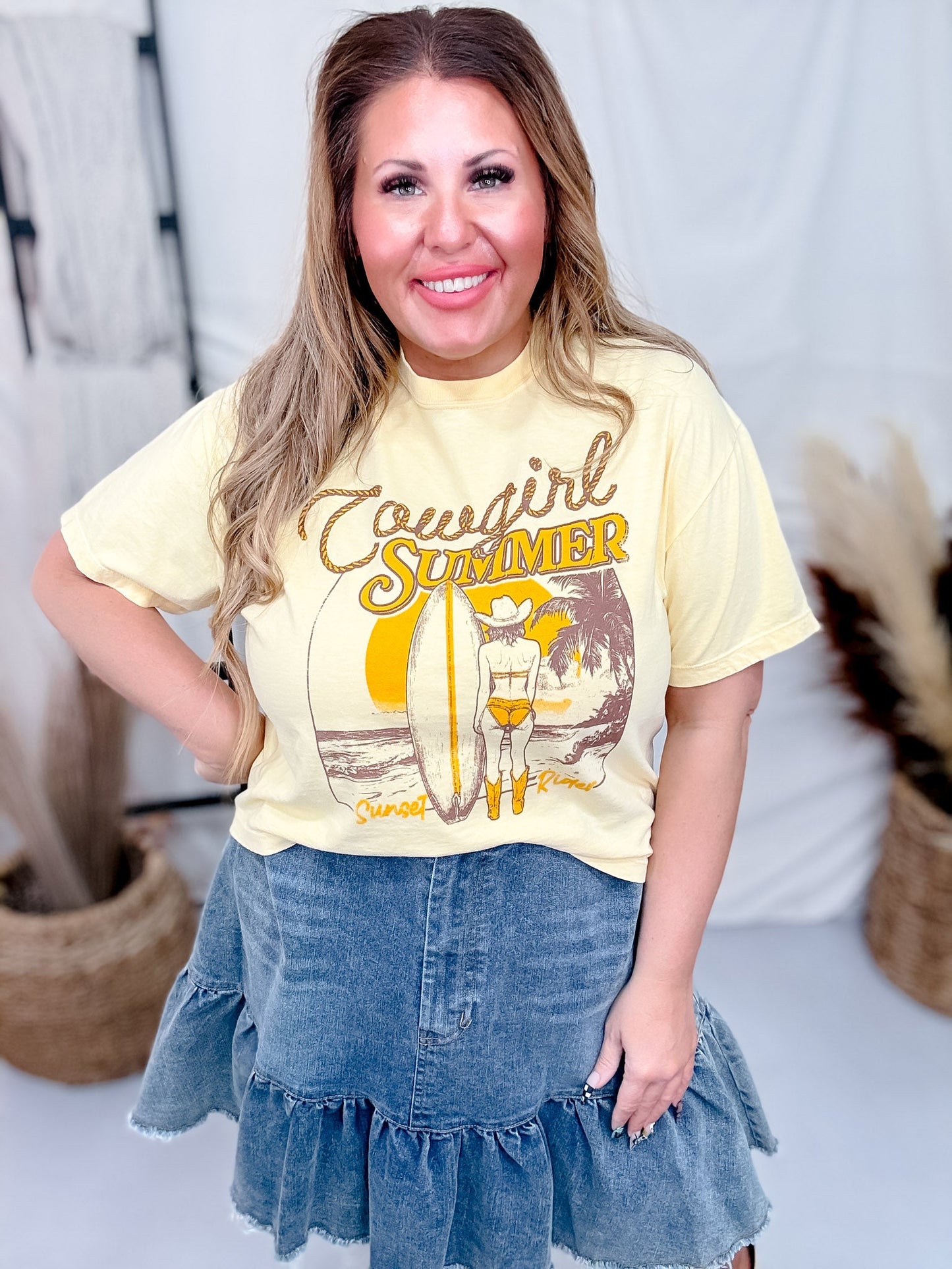Cowgirl Summer Beach Vibes Graphic Midi Shirt - Whiskey Skies - STATED BRANDS