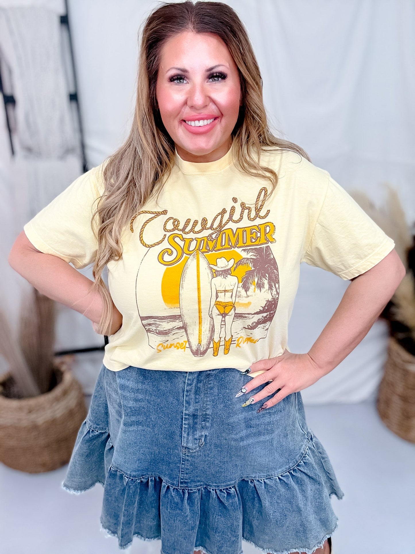 Cowgirl Summer Beach Vibes Graphic Midi Shirt - Whiskey Skies - STATED BRANDS